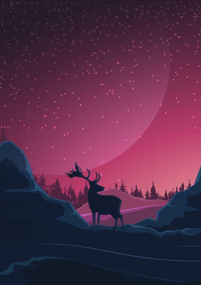 Space landscape in purple tones, nature on another planet and silhouette of a deer. Vector illustration.