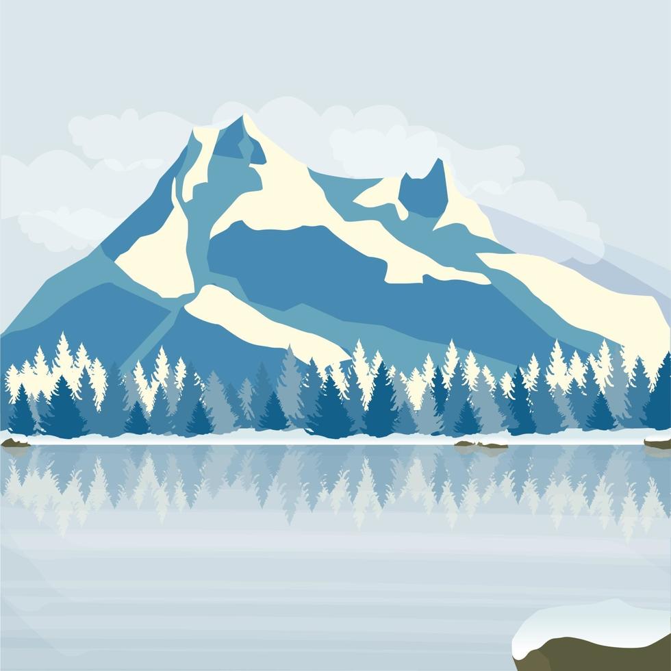 Winter pine forest on the shore of the frozen lake on the background of snowy mountains. Vector. vector