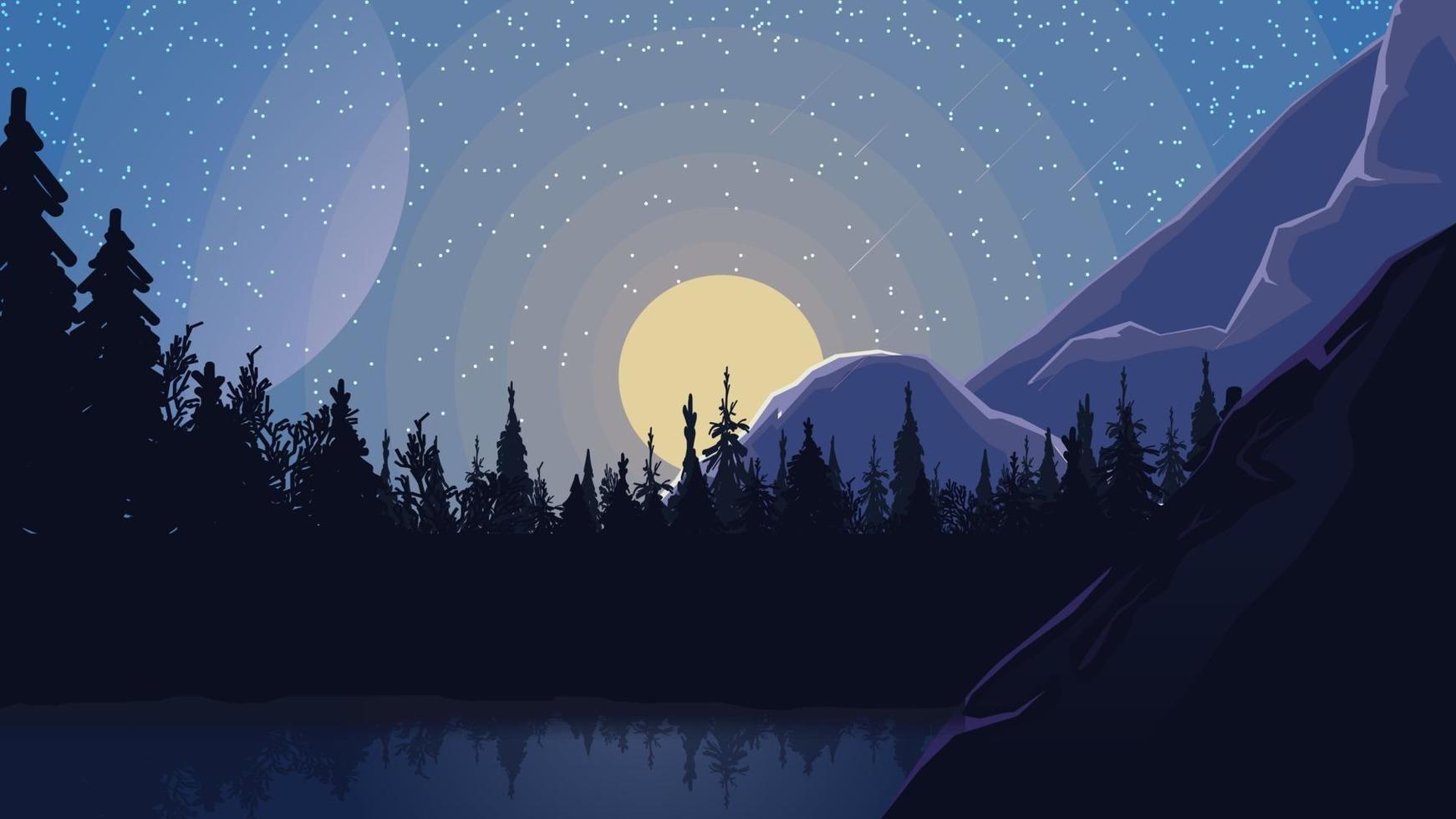 Lake in a pine forest at the foot of the mountain, starry sky and the rising moon. vector