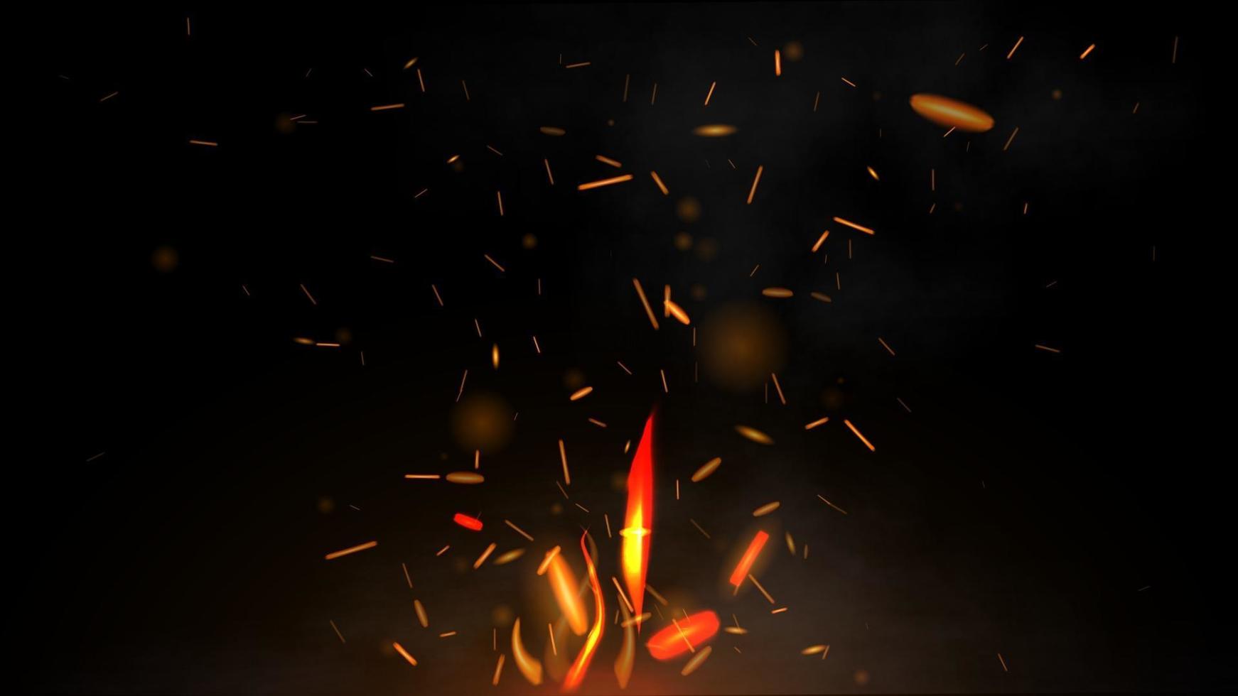 Fire flying sparks on a black background, vector realistic illustration