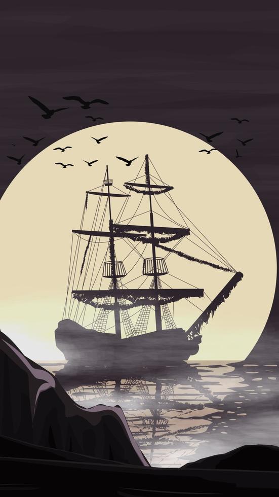 The ship stands in the port against the moon going beyond the horizon. vector