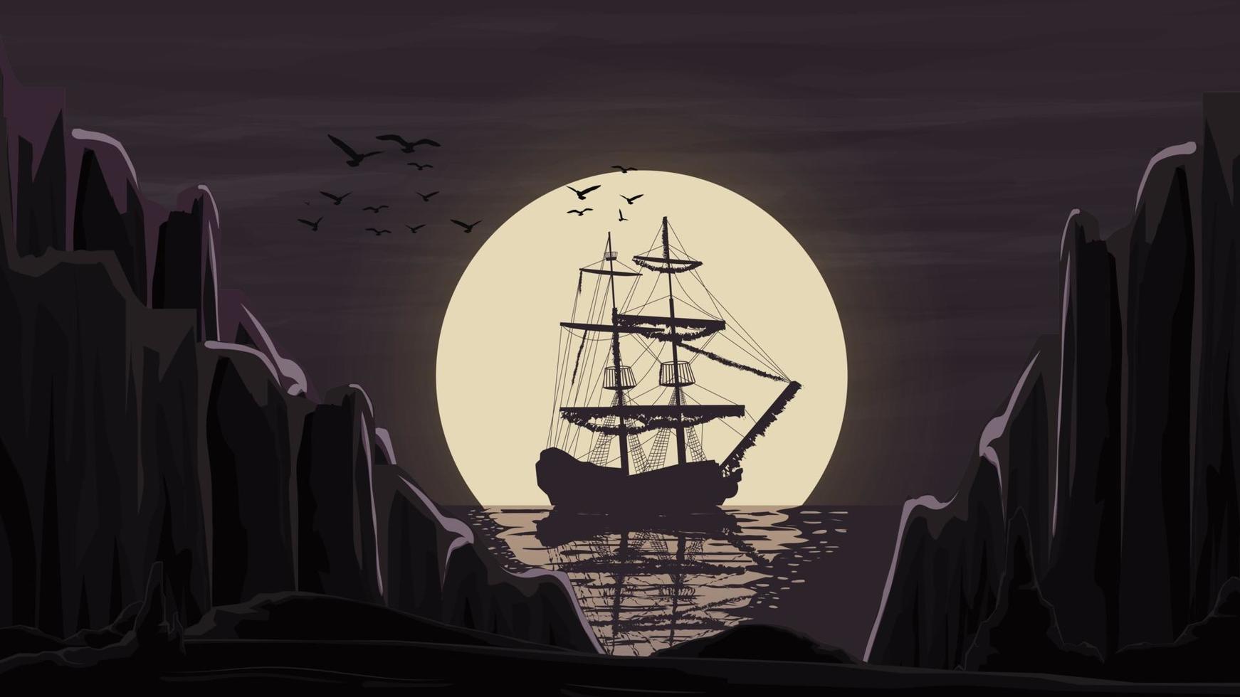 The ship stands in the port against the moon going beyond the horizon. vector