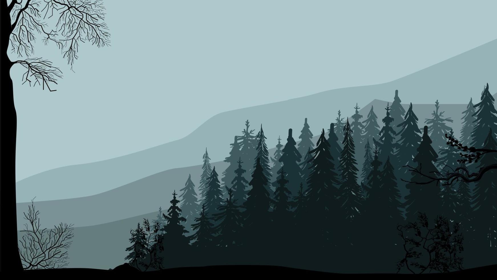 bosque de pinos oscuro, montañas y cielo gris, paisaje de primavera gris. vector