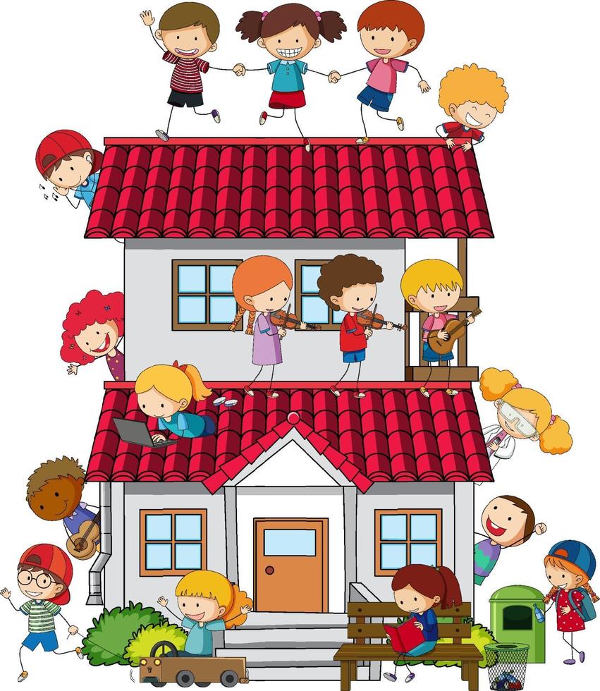 Many kids doing different activities around the house vector