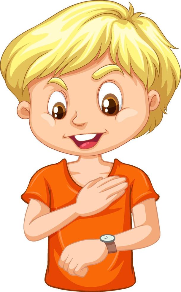 A boy cartoon character looking at his watch vector