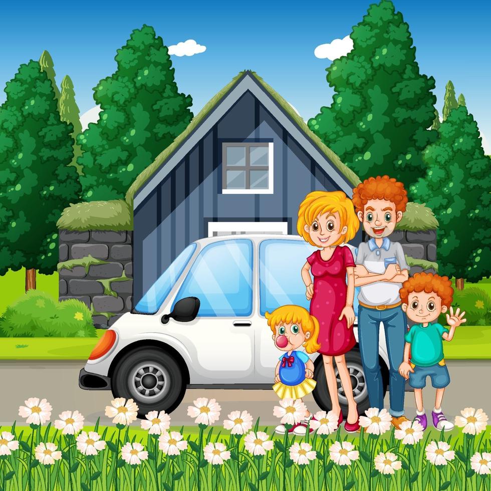 Happy family standing outside home with a car vector