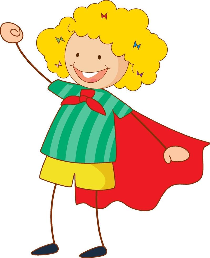 personaje de dibujos animados de niña superhéroe en estilo doodle dibujado a mano aislado vector