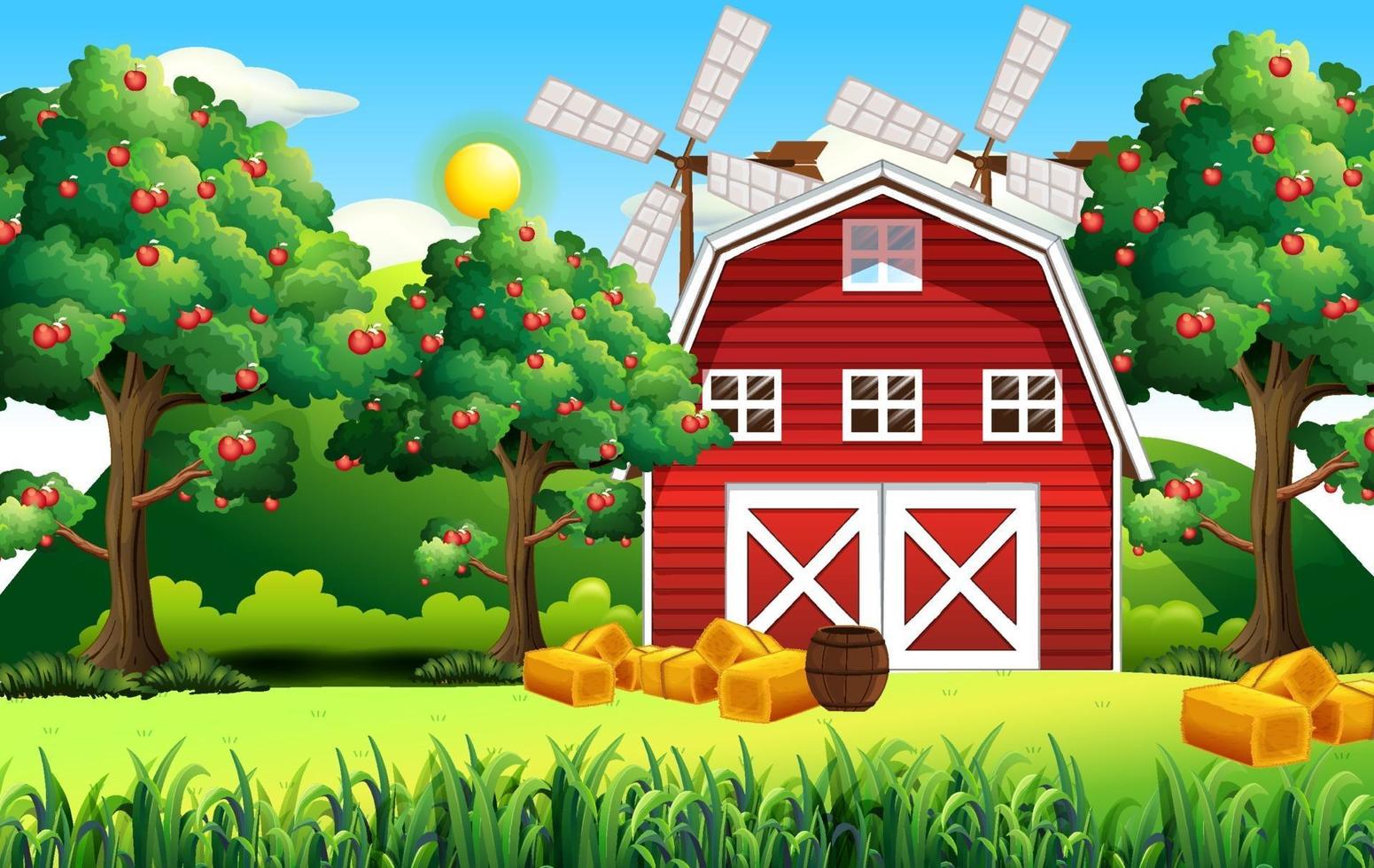 escena de la granja con granero rojo y molino de viento vector