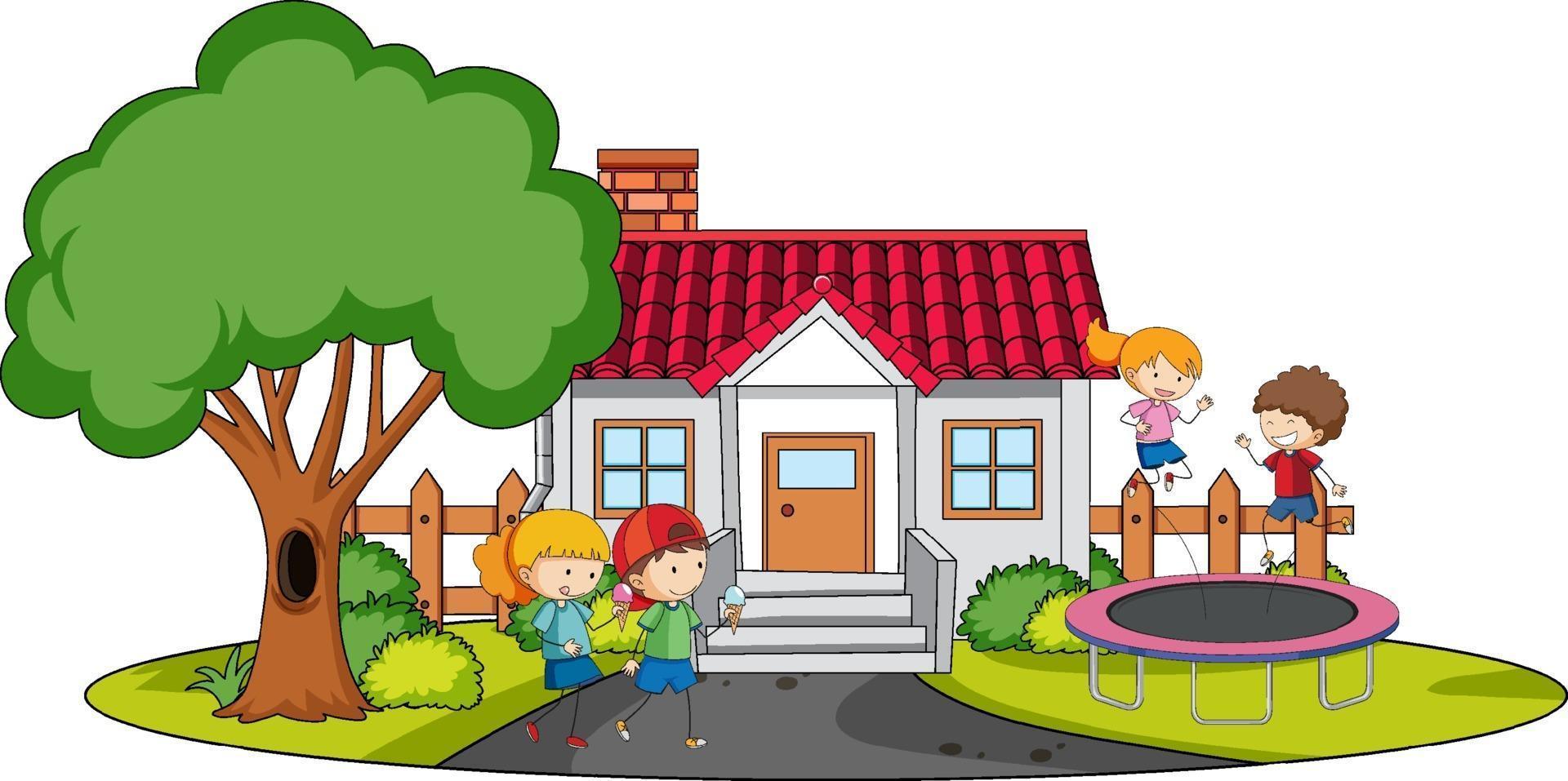 Front view of mini house with many kids on white background vector