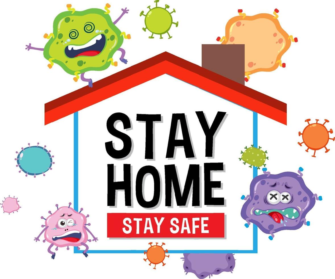 Stay home stay safe font with virus cartoon character vector