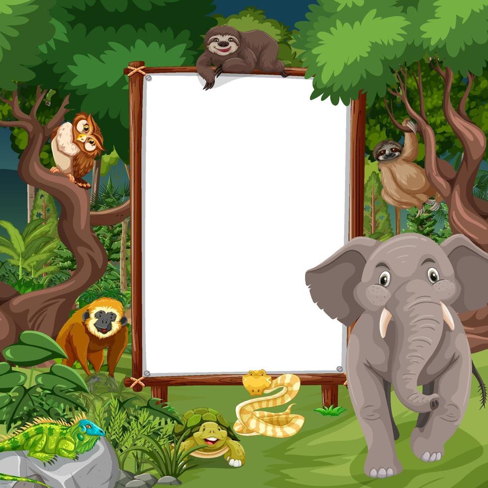 Blank banner in the rainforest scene with wild animals vector