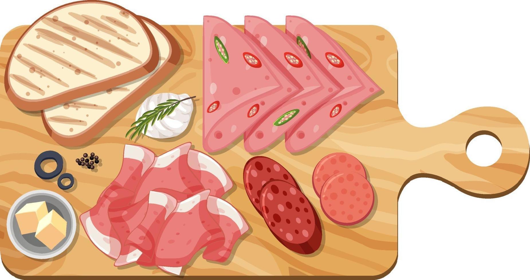 Vista superior de la carne en rodajas en una tabla de cortar aislada vector