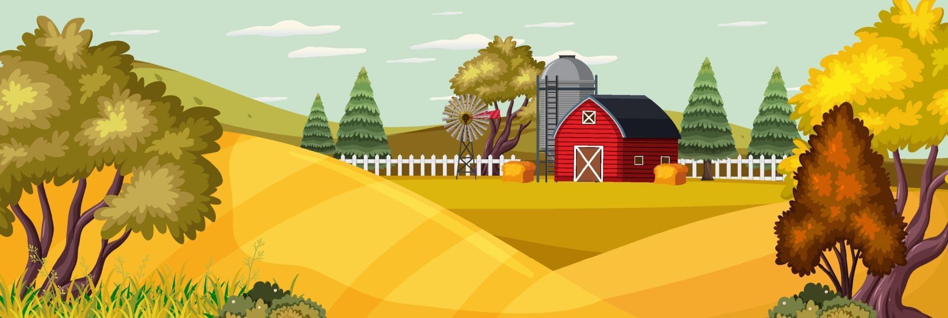 Farm landscape with field and red barn in autumn season vector