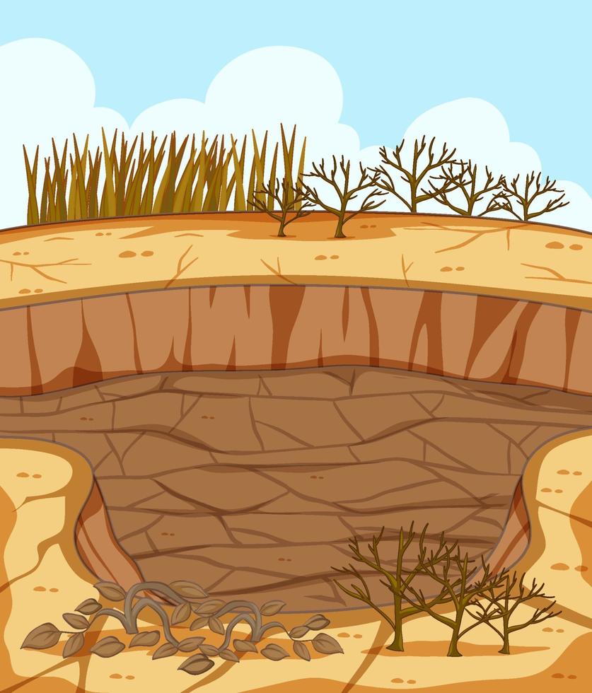 Dry cracked landscape scene with dead plants vector