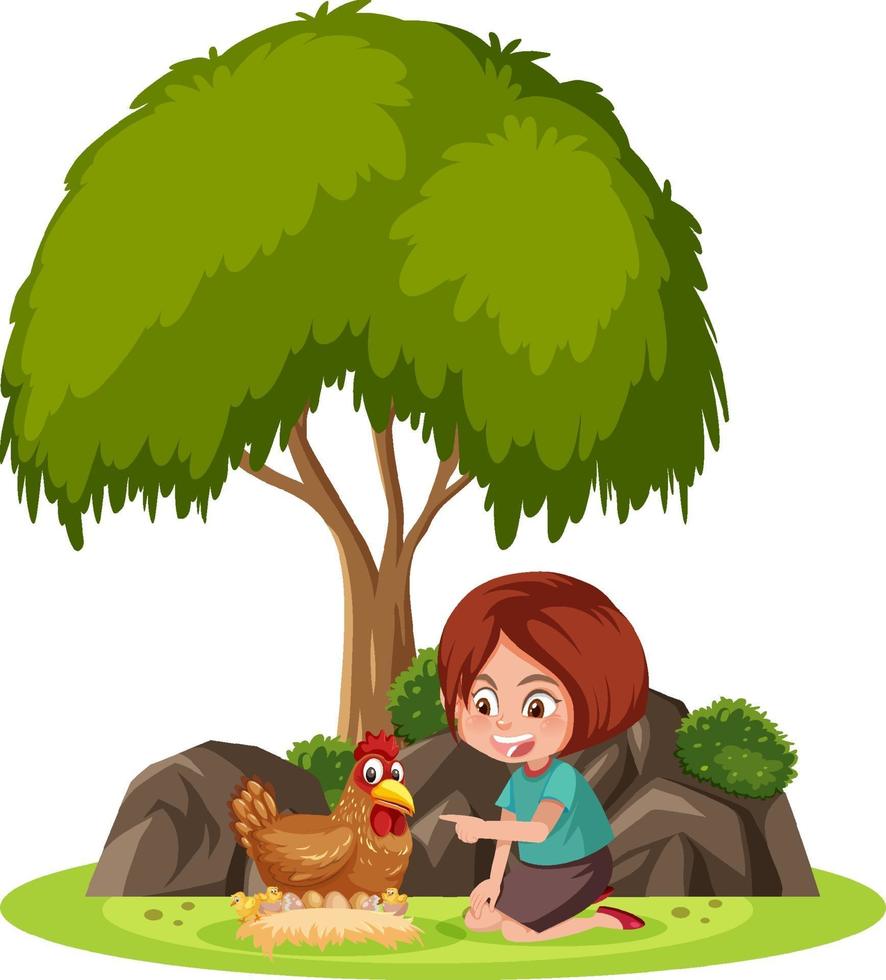 Isolated scene with a girl playing with a chicken vector