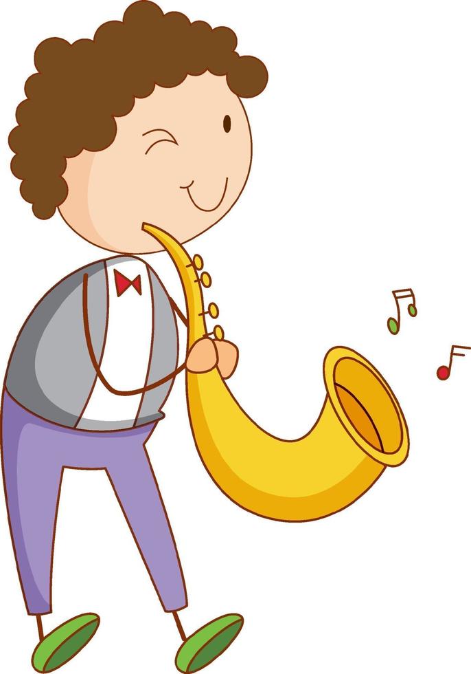 un niño doodle tocando el saxofón personaje de dibujos animados aislado vector