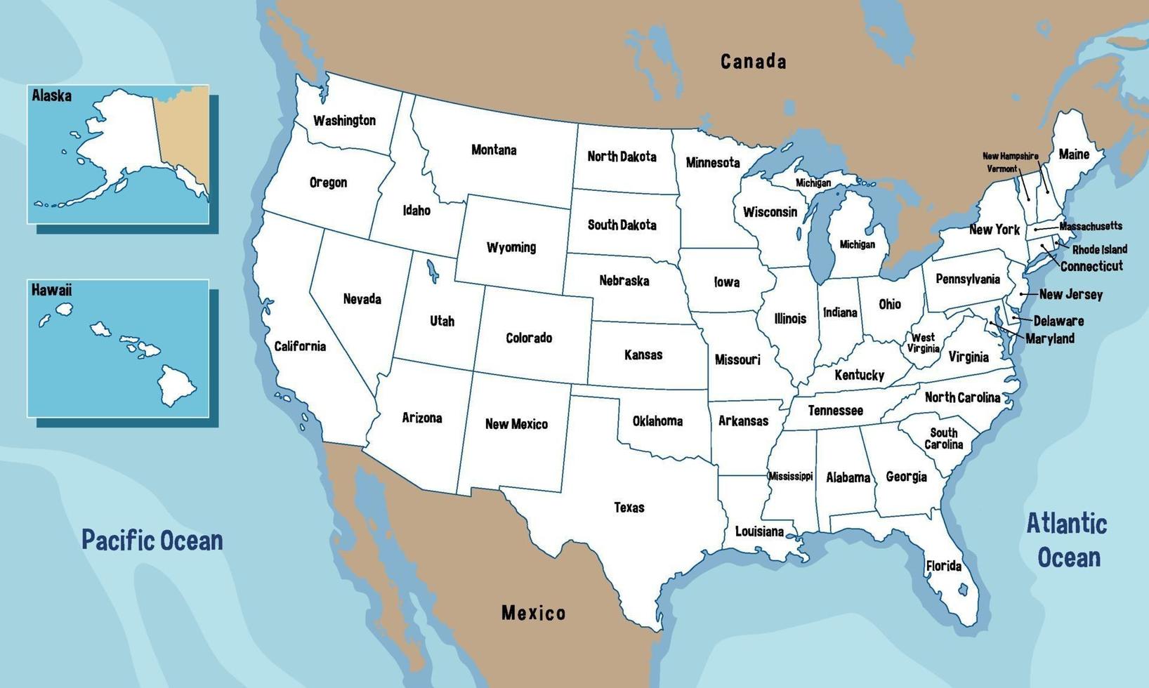 mapa de estados unidos de américa con nombres de estados vector