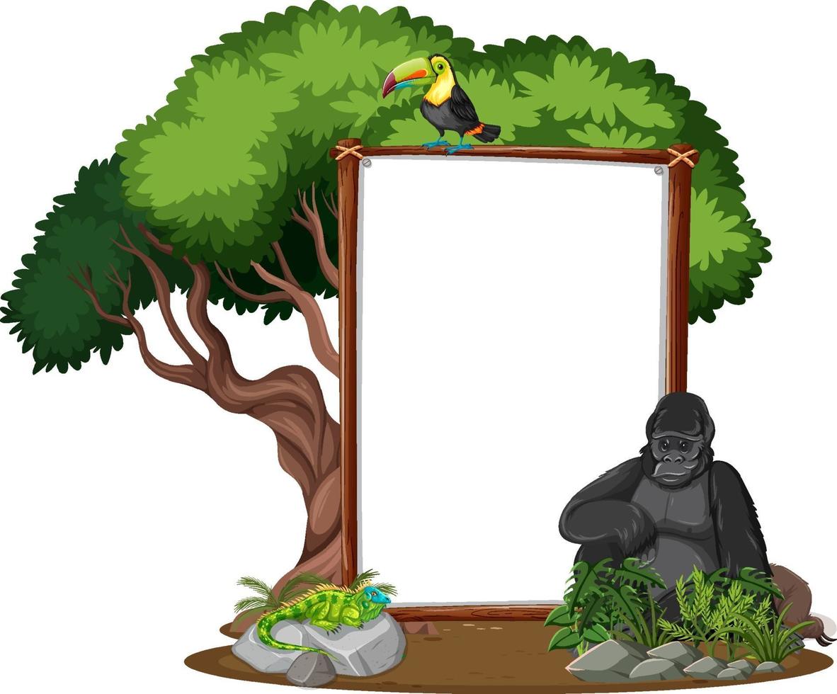 Banner vacío con animales salvajes y árboles de la selva sobre fondo blanco. vector