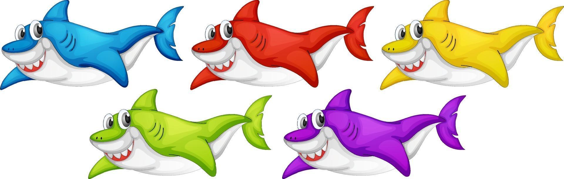 Conjunto de muchos personajes de dibujos animados de tiburón lindo sonriente aislado sobre fondo blanco. vector