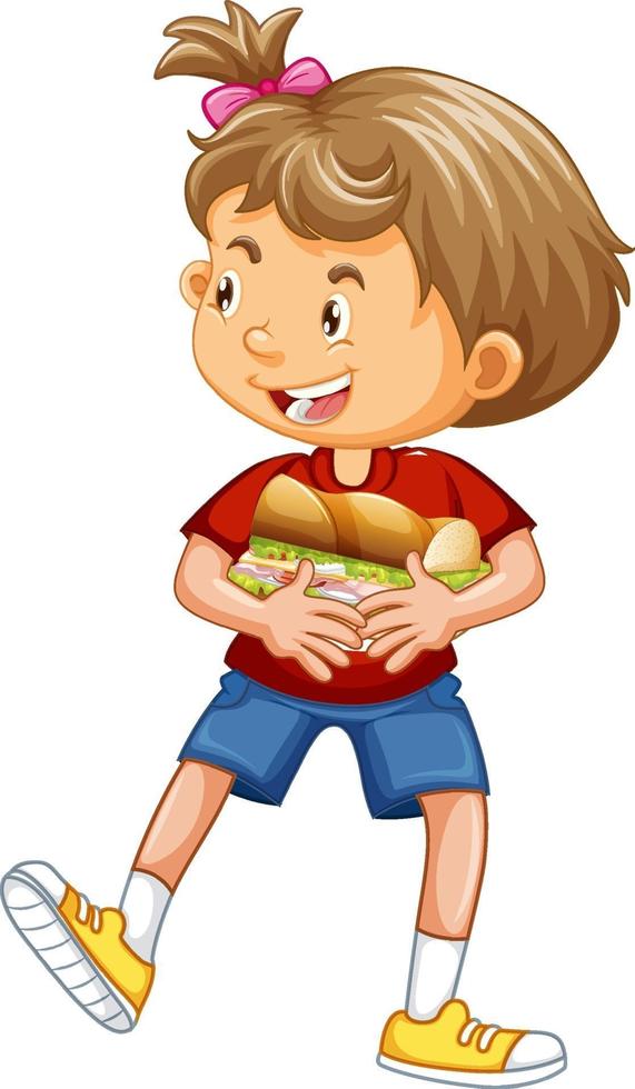 personaje de dibujos animados de niña feliz abrazando sándwich de comida vector