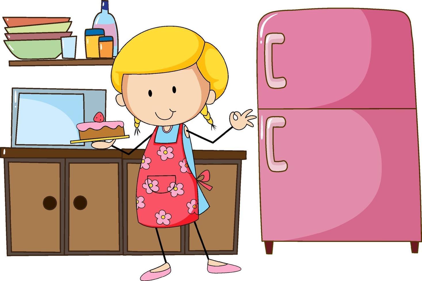 Cute baker girl with kitchen equipments on white background vector