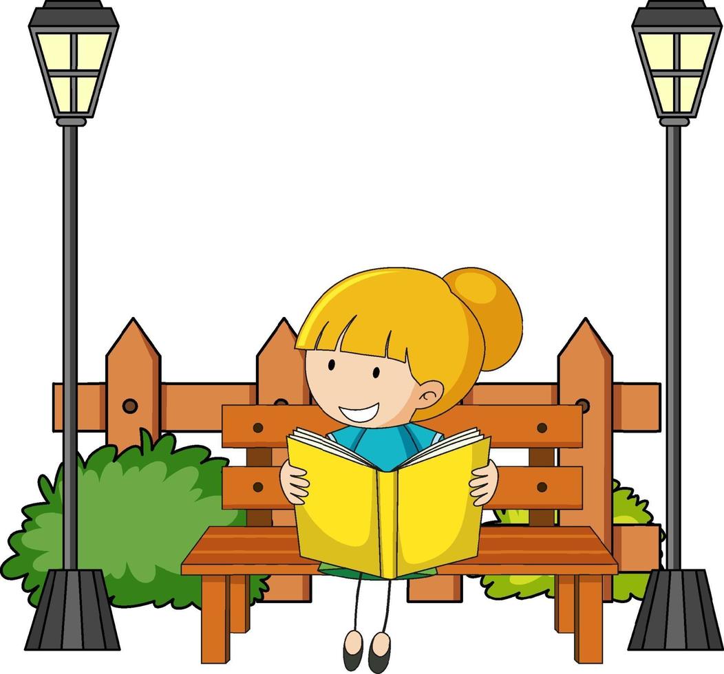 Cute girl reading book doodle cartoon character vector