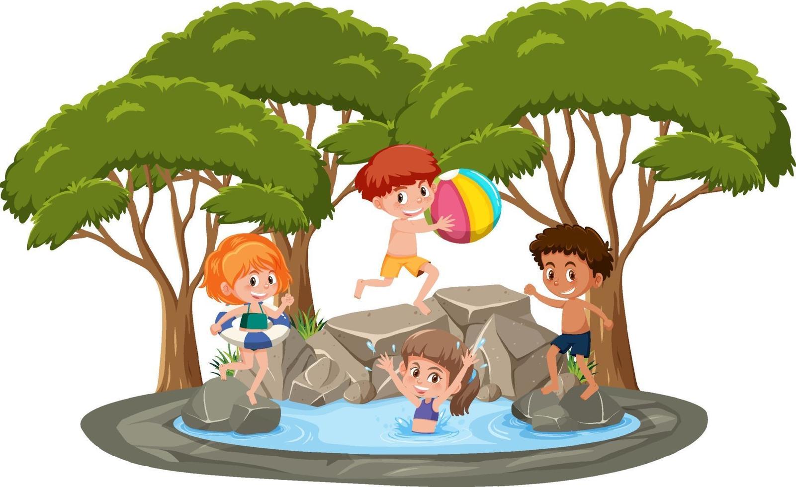 Isolated scene with children playing at the pond vector