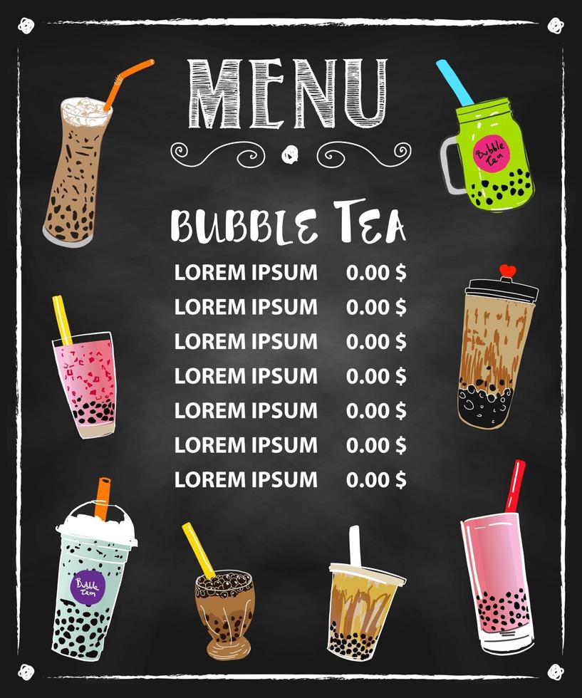 té con leche de burbujas, té con leche de perlas, diferentes tipos de boba. deliciosas bebidas. vector