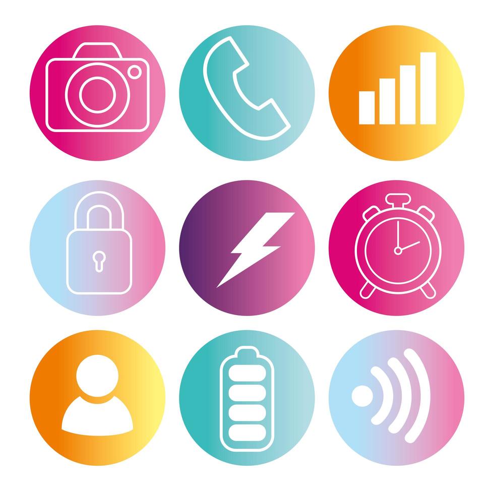 set of app and media icons on round frame vector