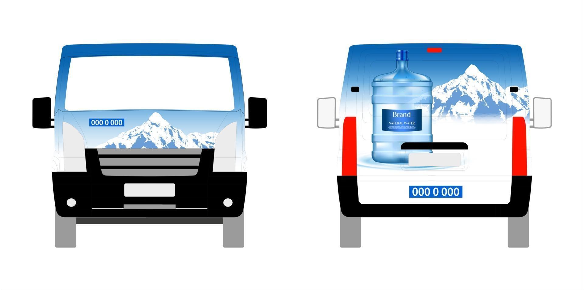 Water delivery service vector illustration. Delivery panelvan. Drinking water delivery service. Plastic bottle, blue container. Supply, shipping. Business service.