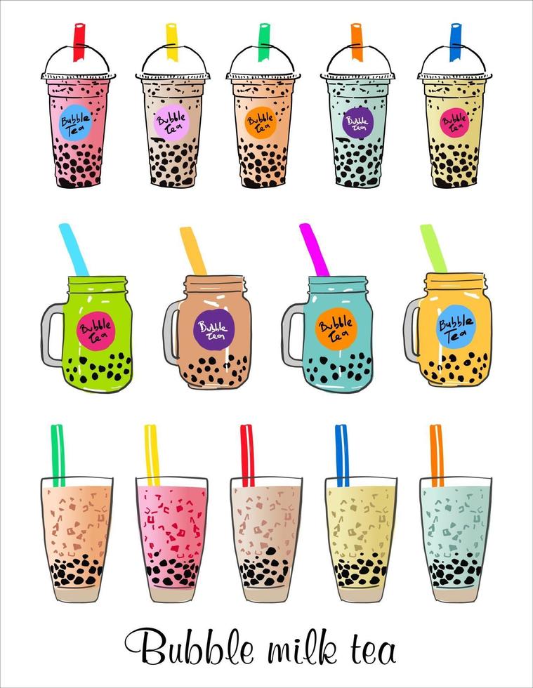 té con leche de burbujas, té con leche de perlas, diferentes tipos de boba. deliciosas bebidas. vector