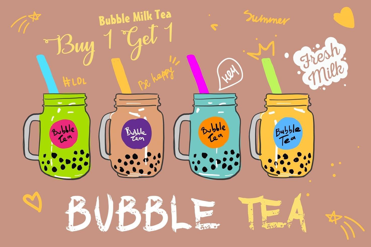 té con leche de burbujas, té con leche de perlas, diferentes tipos de boba. deliciosas bebidas. vector