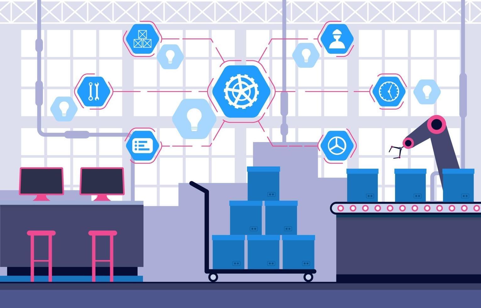 Industrial Factory Conveyor Belt and Robotic Assembly Illustration vector