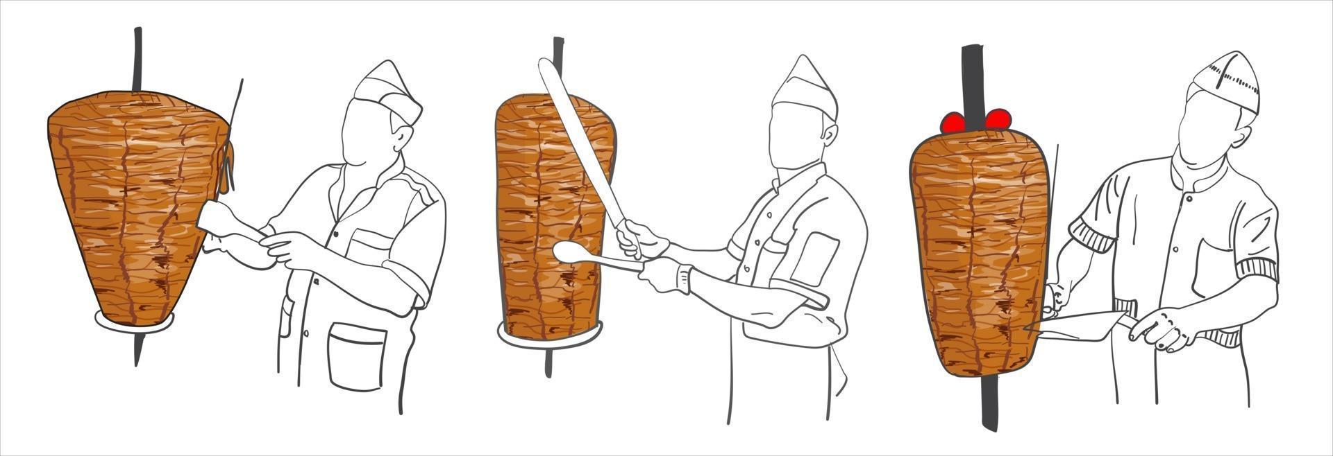 Shawarma cooking and ingredients for kebab. vector