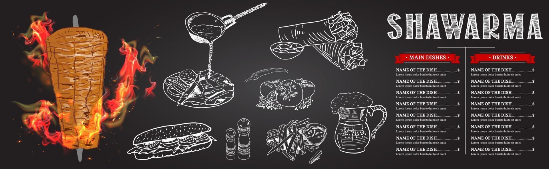 Shawarma cooking and ingredients for kebab. vector