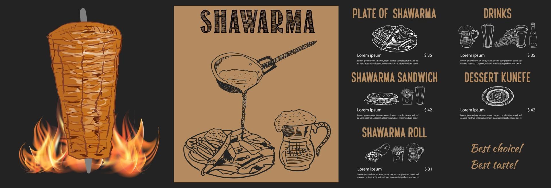 Shawarma cooking and ingredients for kebab. vector