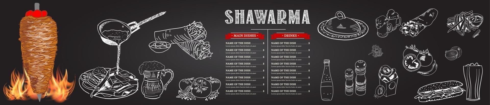 Shawarma cooking and ingredients for kebab. vector