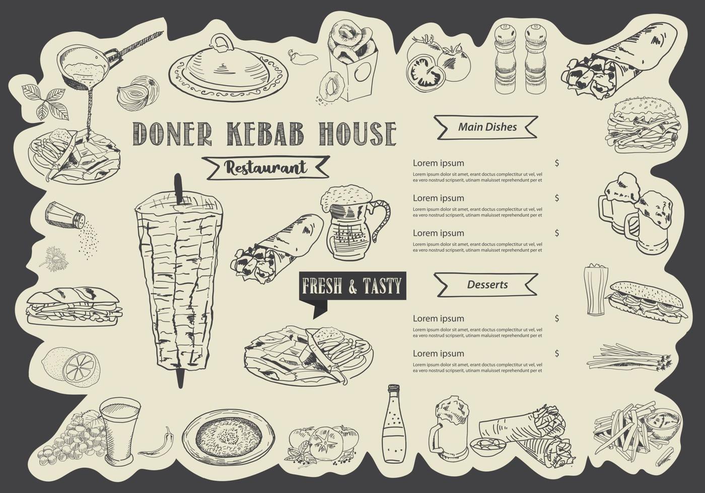 Shawarma cooking and ingredients for kebab. vector