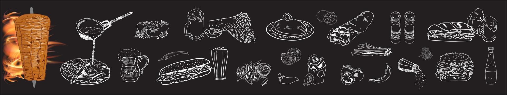 Shawarma cooking and ingredients for kebab. vector