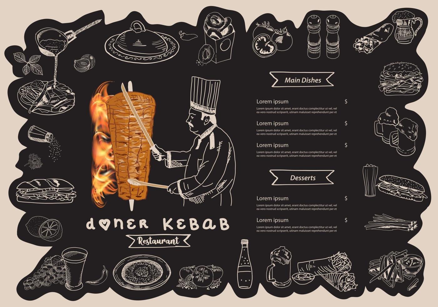 Shawarma cooking and ingredients for kebab. vector