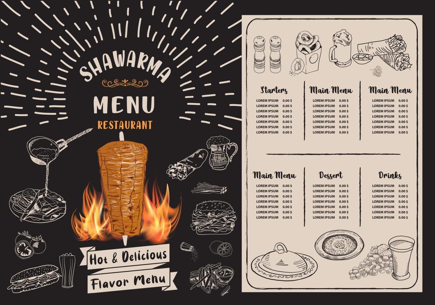 Shawarma cooking and ingredients for kebab. vector