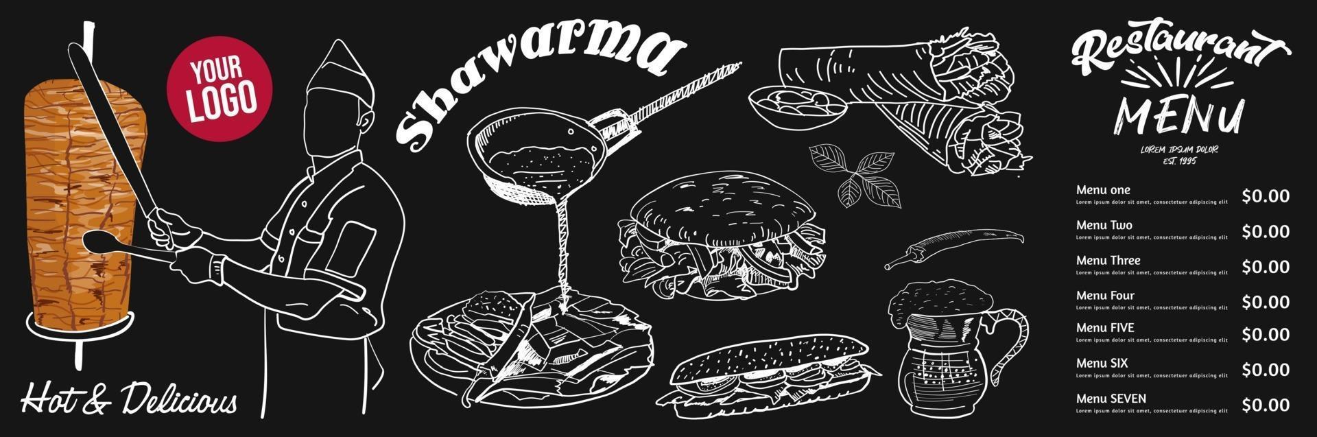 Shawarma cooking and ingredients for kebab. vector