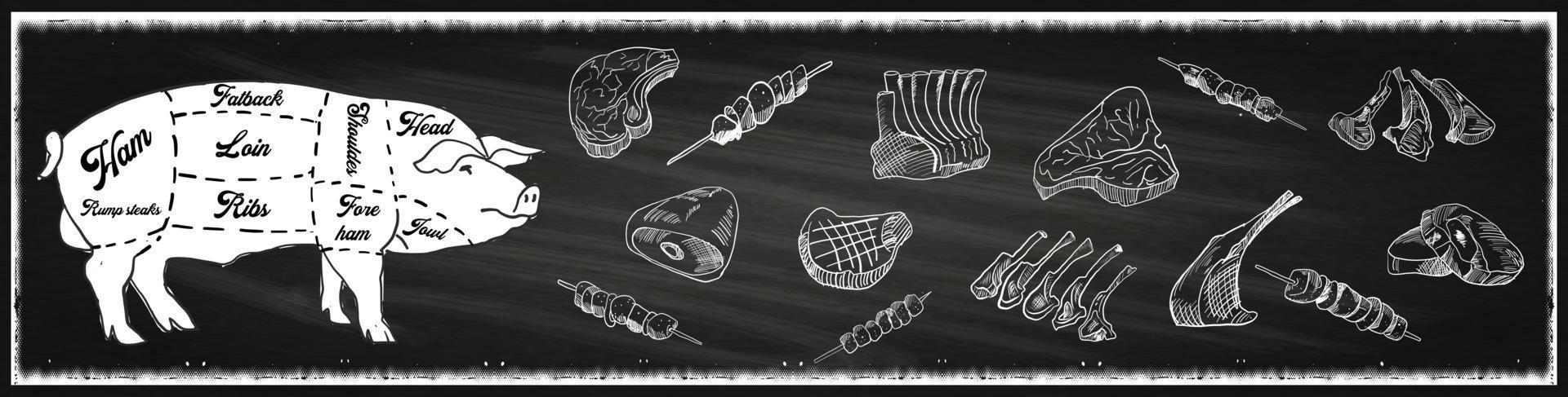 Butcher shop blackboard Cut of Beef Meat. vector