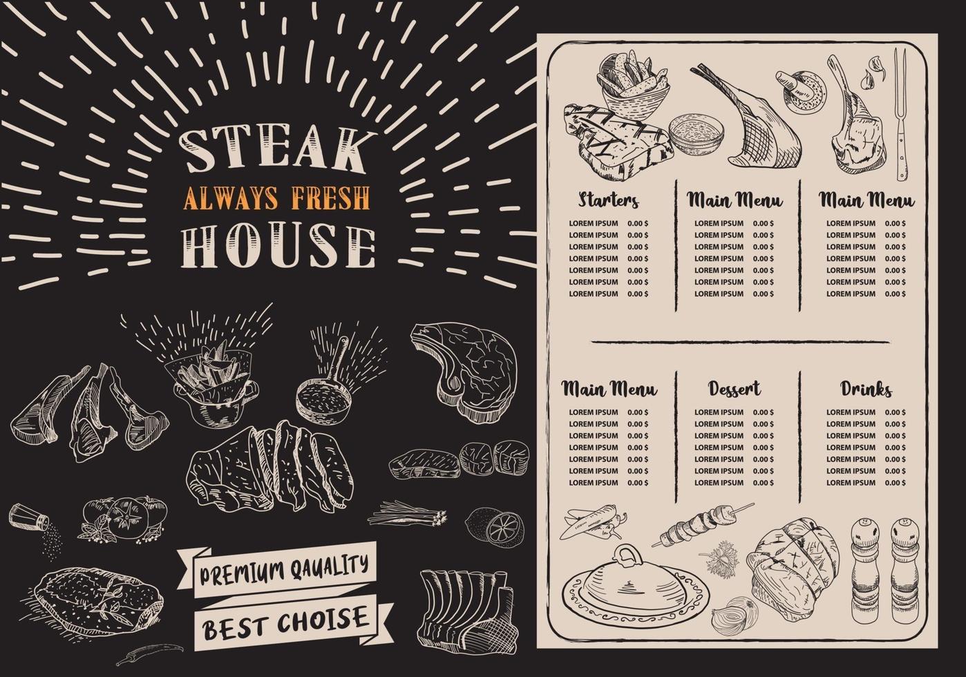 Steak menu for restaurant and cafe. Food flyer. vector