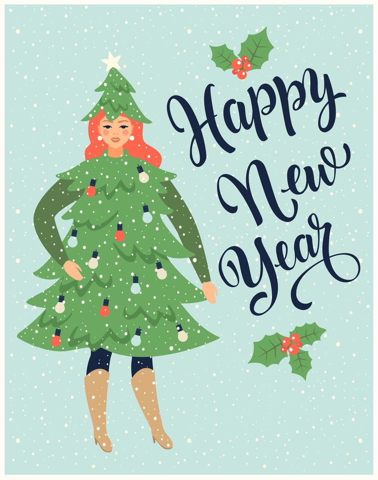 Christmas card or poster with girl dressed like a fir tree and celebrating a new year. vector