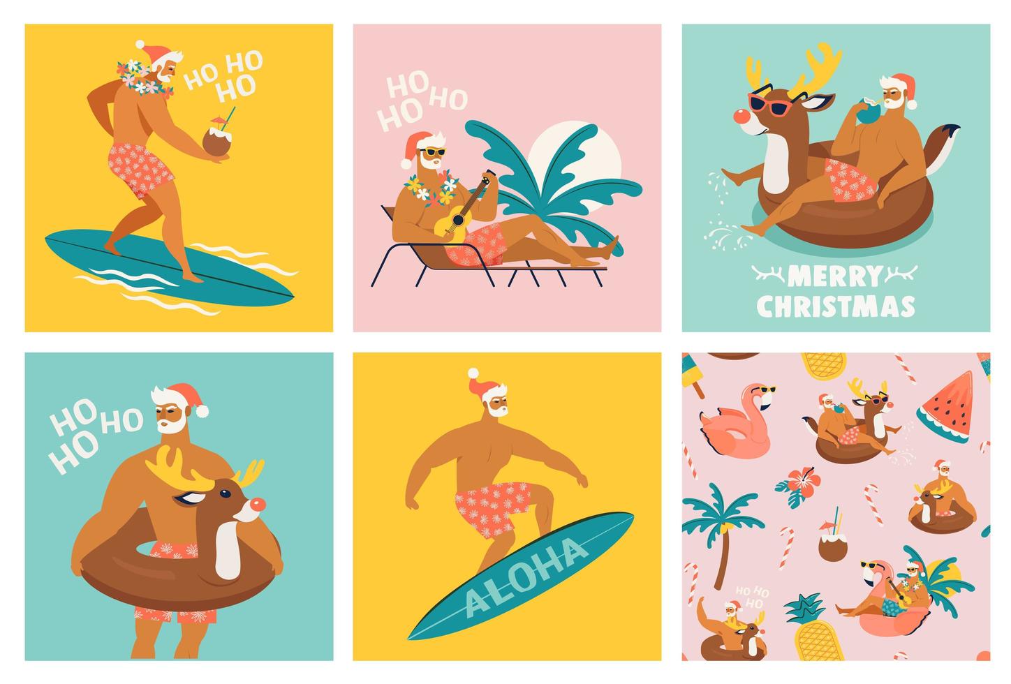 Navidad perfecta juego de tarjeta y patrón con lindos animales divertidos de santa claus con renos y anillo inflable de flamencos. navidad tropical. ilustración vectorial. vector