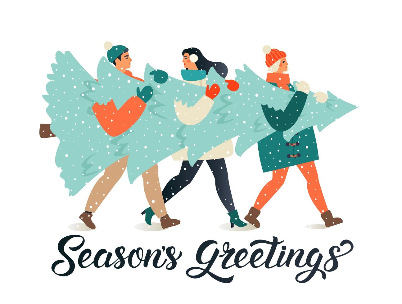 feliz navidad y próspero año nuevo tarjeta de felicitación. Grupo de personas que llevan un gran pino de Navidad juntos para la temporada navideña con adornos, regalos. vector