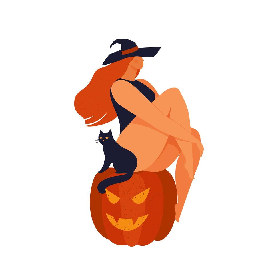 A witch sitting on a large pumpkin with a black cat. Vector illustration on white background.