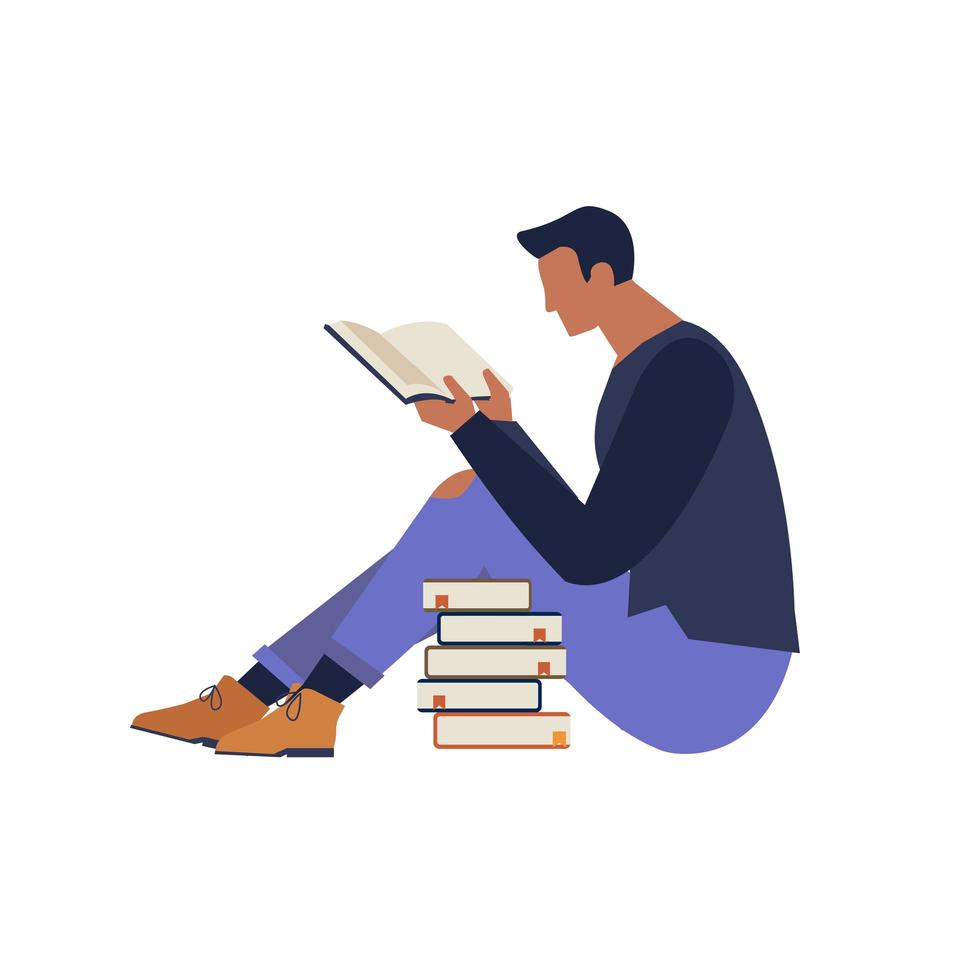 Book festival poster concept of a character reading a book and books piled up vector illustration flat design