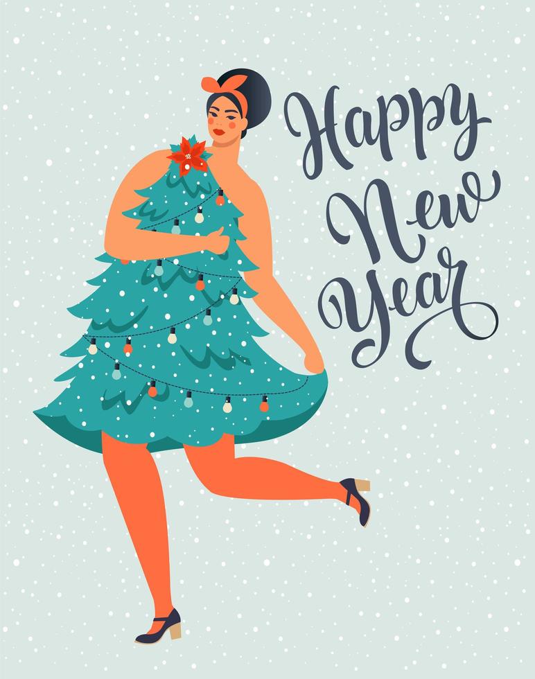 Girl in Christmas Tree Dress Form. Christmas and Happy New Year illustration. Trendy retro style. Vector design template.